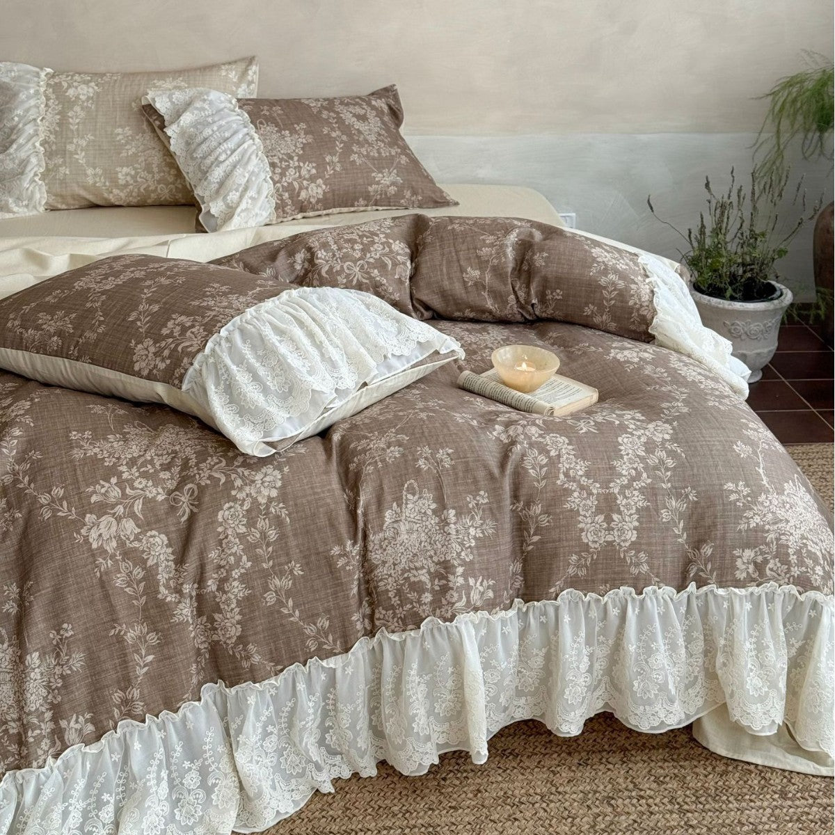 Vintage Floral Ruffled Lace Bettbezug Set