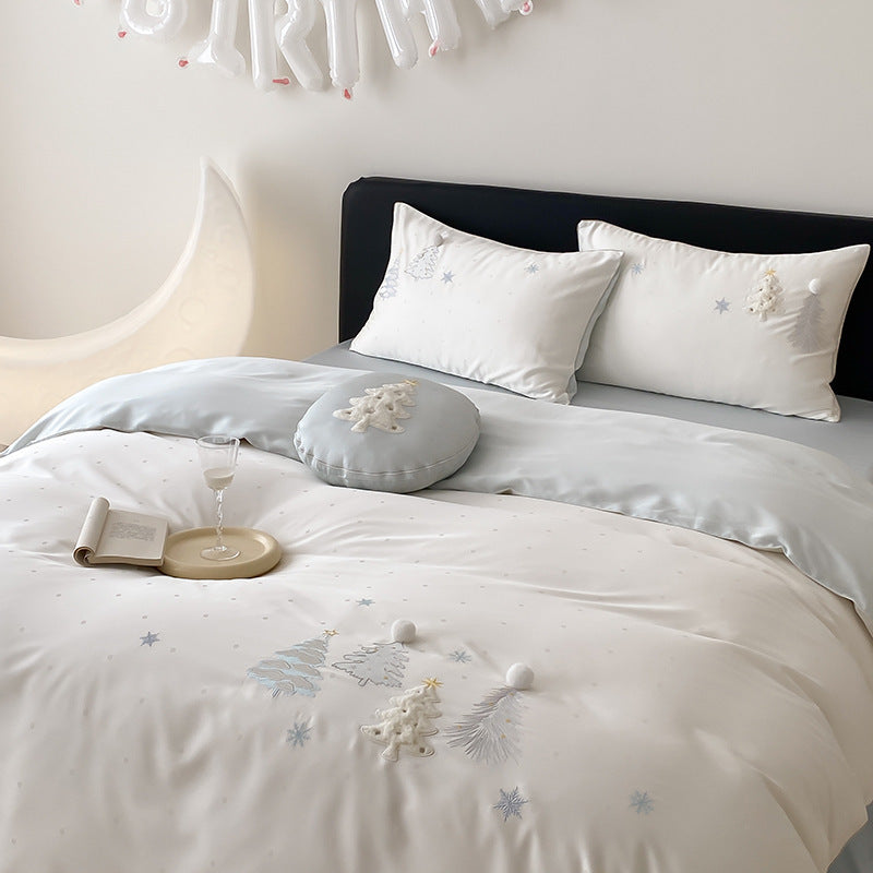 Besticktes Pom-Pom Baumwollsatin Bettwäsche Set mit dekorativem runden Kissen