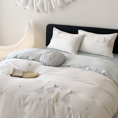 Besticktes Pom-Pom Baumwollsatin Bettwäsche Set mit dekorativem runden Kissen