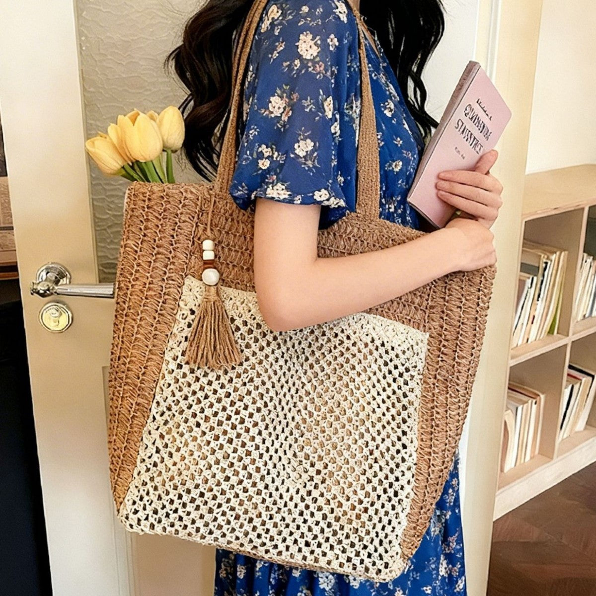 Handgefertigte Strohtasche mit Quasten Brehn