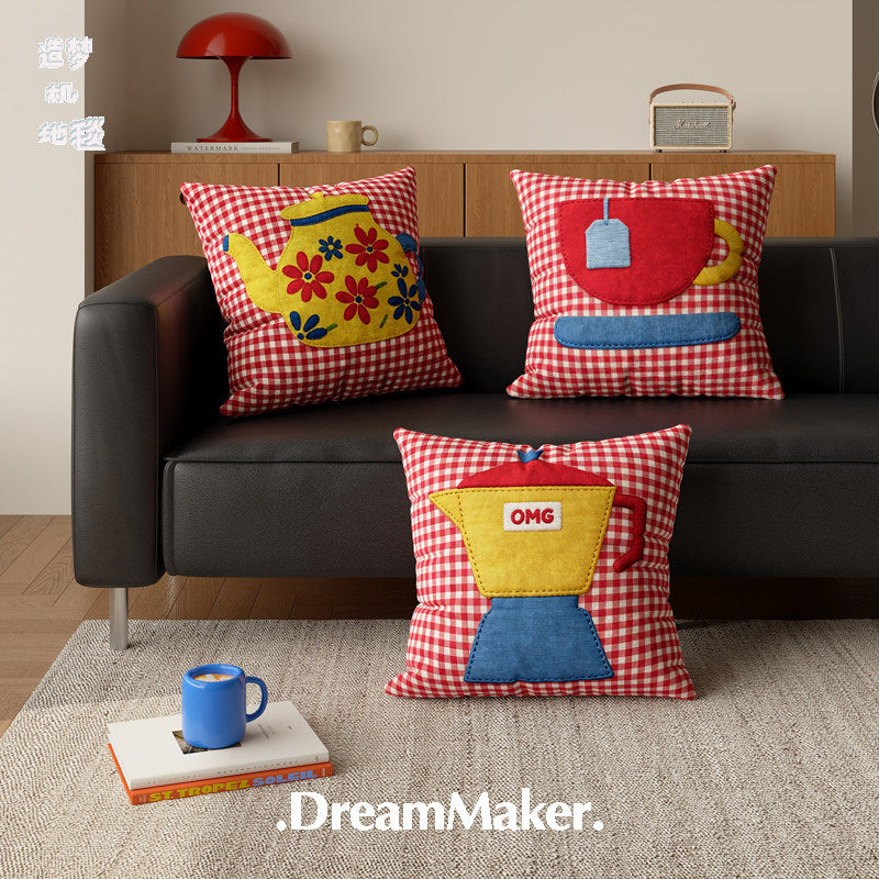 Decorative Gingham Appliqué Coffee Cup Throw Pillow Cover