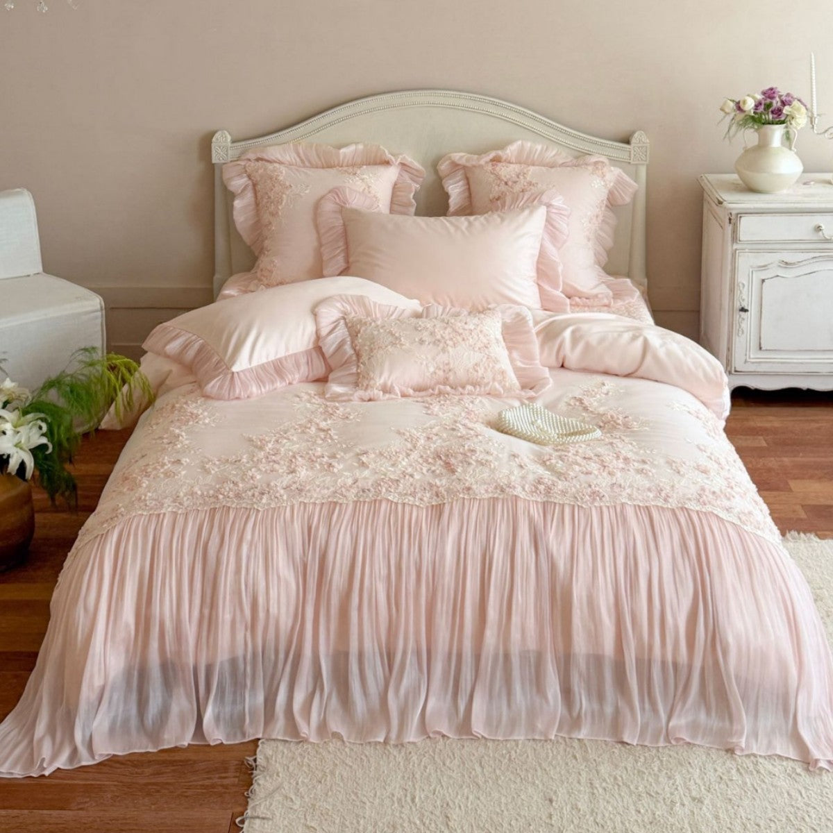 Romantische Bestickte Satin-Chiffon Rüsch Bettwäsche Set