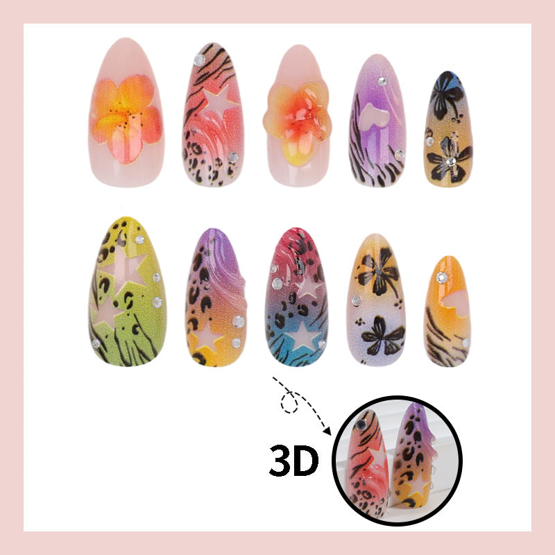 Kunstnagelset mit bunten Blumen- und Leo-Designs Brehn