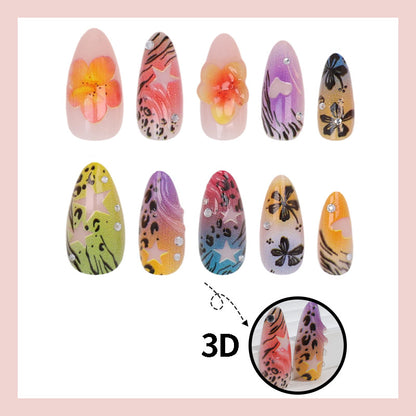 Kunstnagelset mit bunten Blumen- und Leo-Designs Brehn