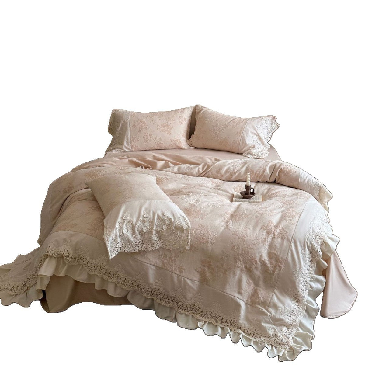 Florales Jacquard-Bettbezug-Ensemble mit Rüsche-Bettrock und Kissenbezügen