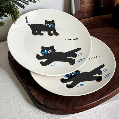 Keramikteller mit verspieltem Katzenmotiv und matt-glänzender Glasur
