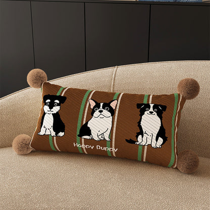 Square Pom-Pom Knit Decorative Throw Pillow Cover with Cartoon Bear Panel and Textured Weave
