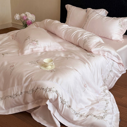 Seiden-ähnliches floral gesticktes Satin Bettbezug Ensemble mit dekorativem Flansch und Rückenkissen