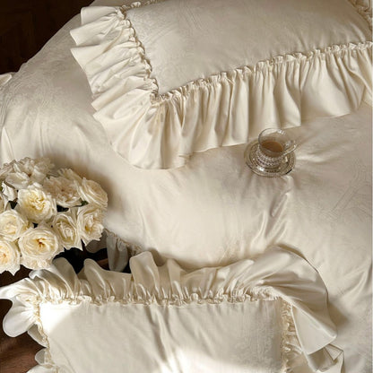 Rüsch Satin Jacquard Bettbezug Set mit gerafftem Rand und Kissenbezügen