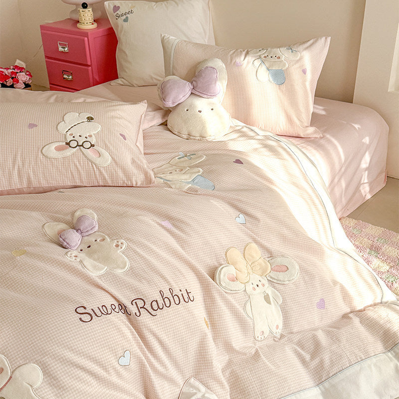 Baumwolle Percale Hase Applikation Bettbezug Set mit Plüsch Akzentkissen