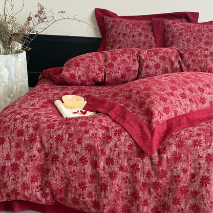 Premium-Baumwoll-Bettwäschegarnitur mit gewebtem Blumenmotiv und eleganter Umschlagkante
