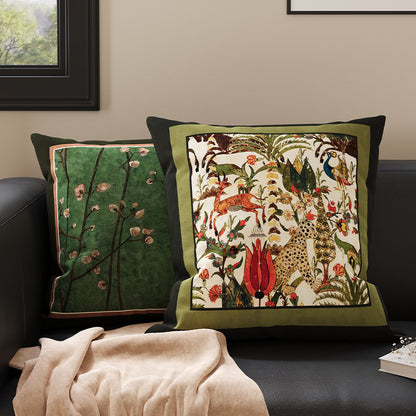 Square Velvet Accent Pillow Cover with Vintage Botanical Tapestry Print and Contrast Border