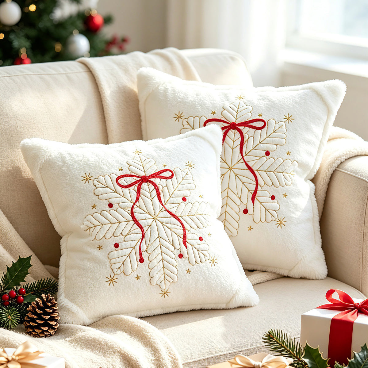 Festliches besticktes Kunstfell-Weihnachts-Wurfkissen