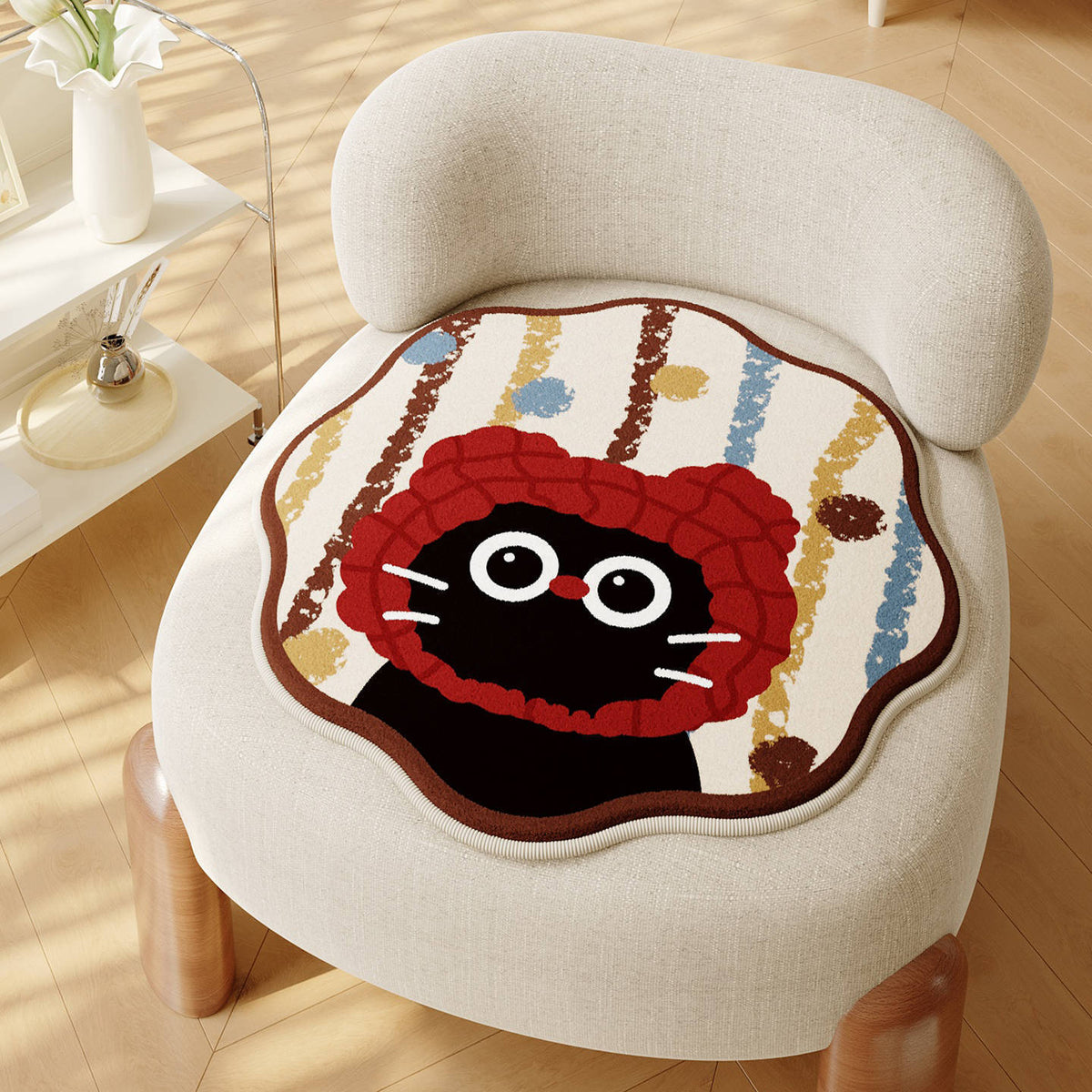 Decorative Scalloped Round Chair Seat Cushion Pad with Cartoon Cat and Polka Dot Print