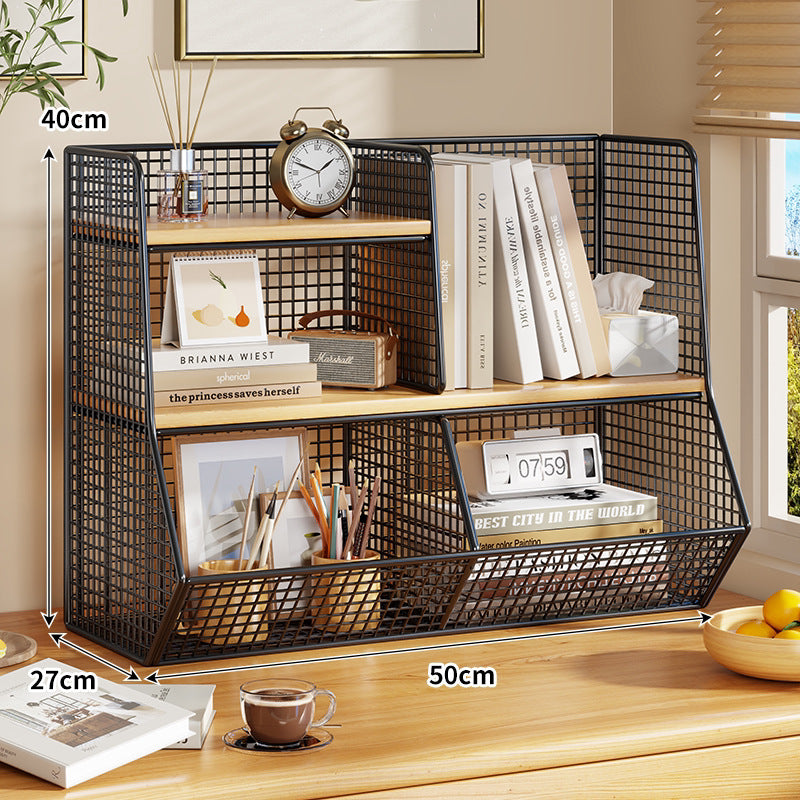 Doppel-Tier-Mesh-Metall-Schreibtisch-Organizer mit Holzregalen