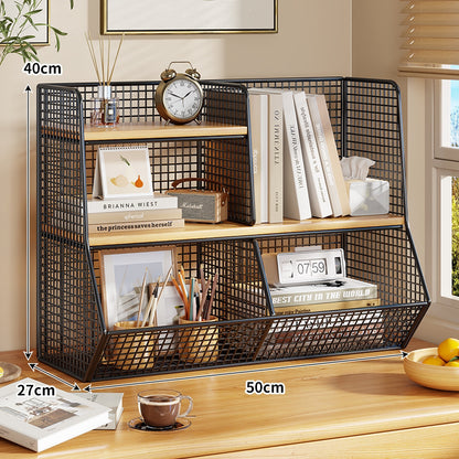 Doppel-Tier-Mesh-Metall-Schreibtisch-Organizer mit Holzregalen