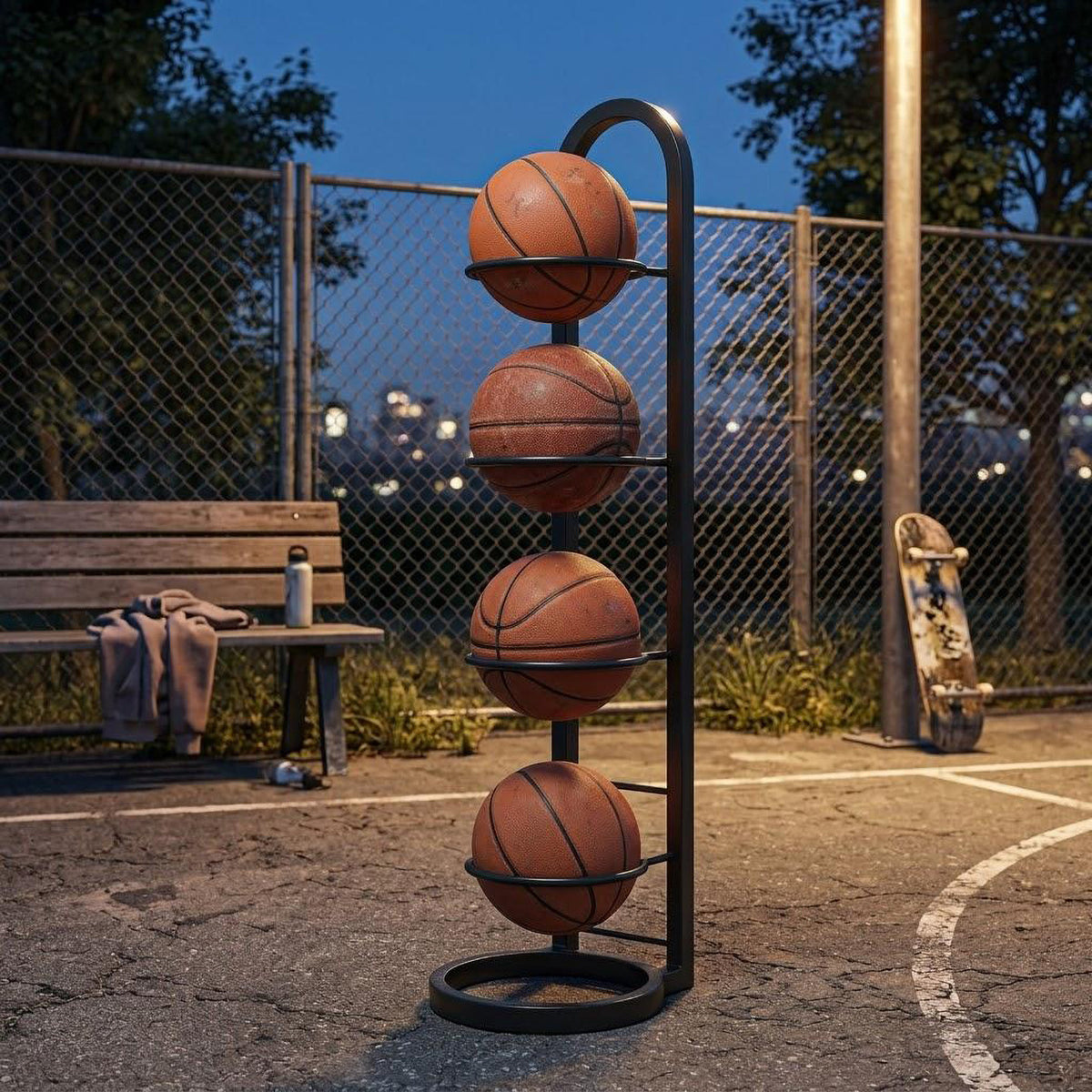 Vertikaler Sportball-Lagerregal mit vier Körben und schlankem Metallrahmen