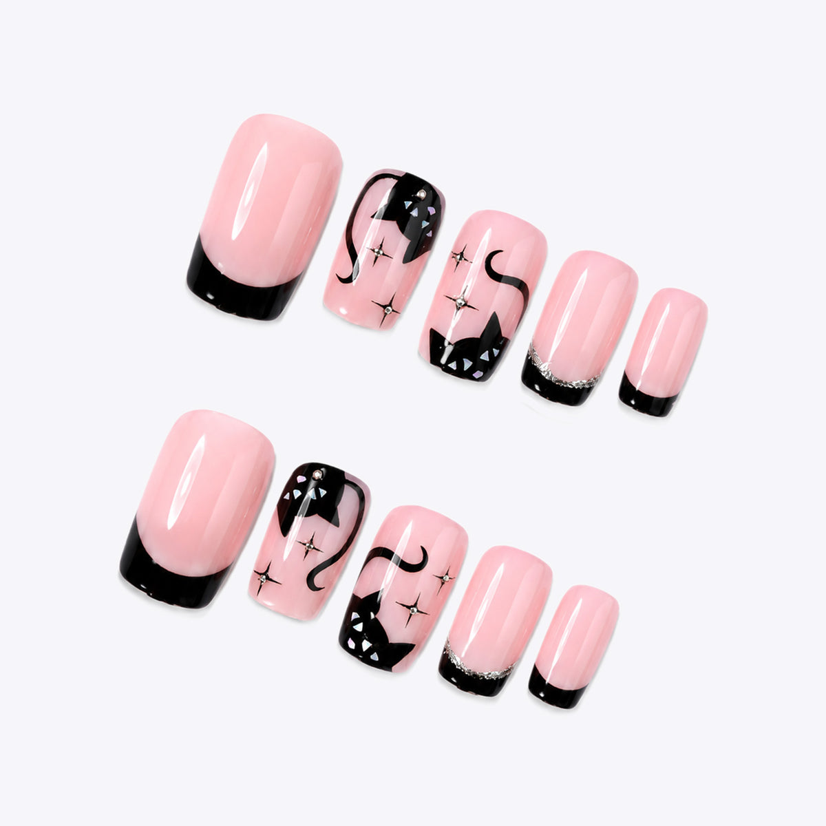 Kreatives Nagelset mit Katzen-Design und Glitzerdetails Brehn