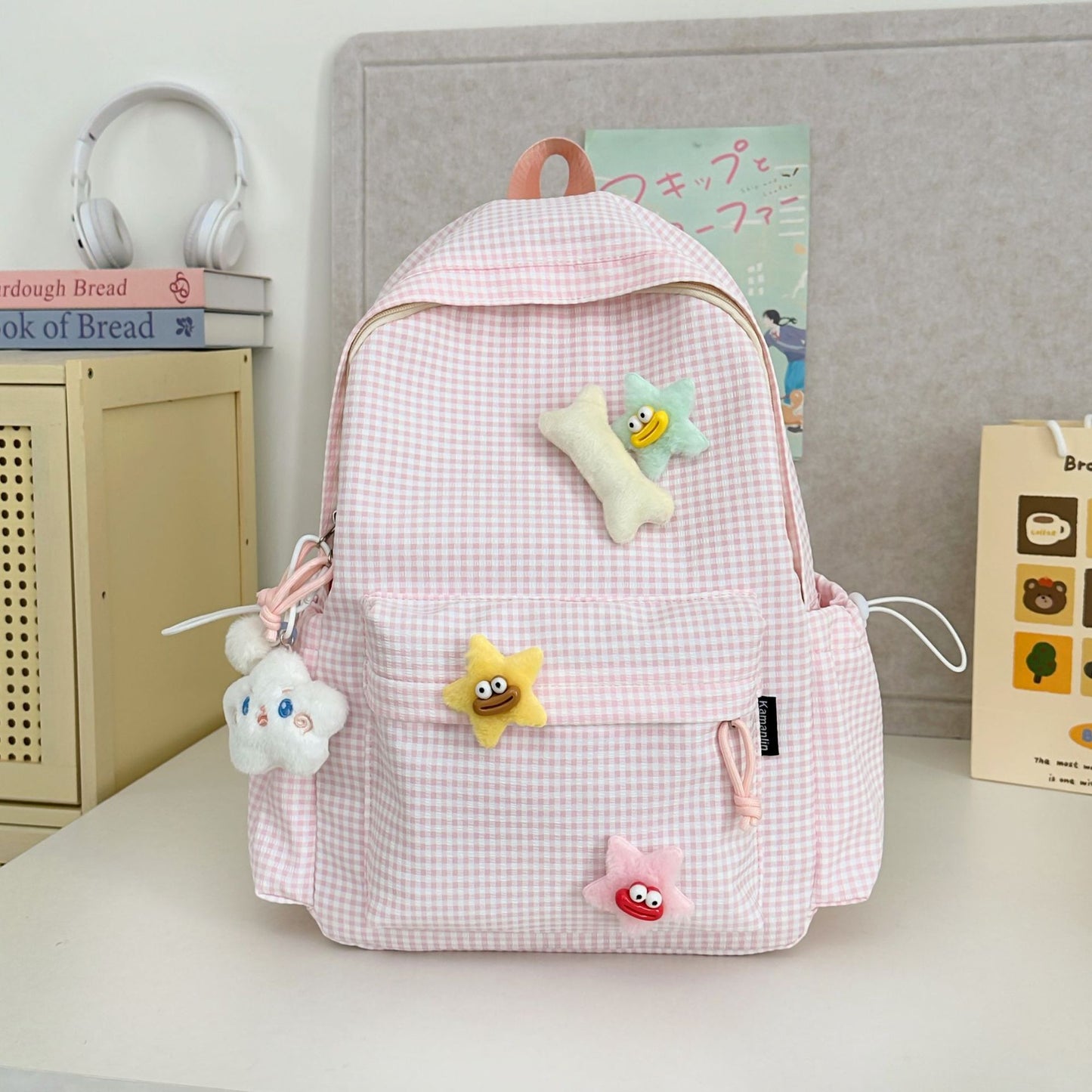 Gingham-Print Charakter-Verzierte Schul-Rucksack