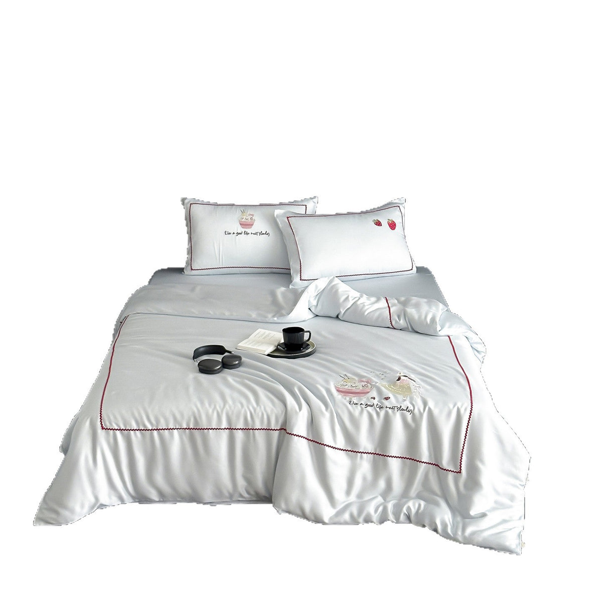 Seidiges gesticktes Duvetbezug-Set mit Kaninchenmotiv und Kissenbezügen