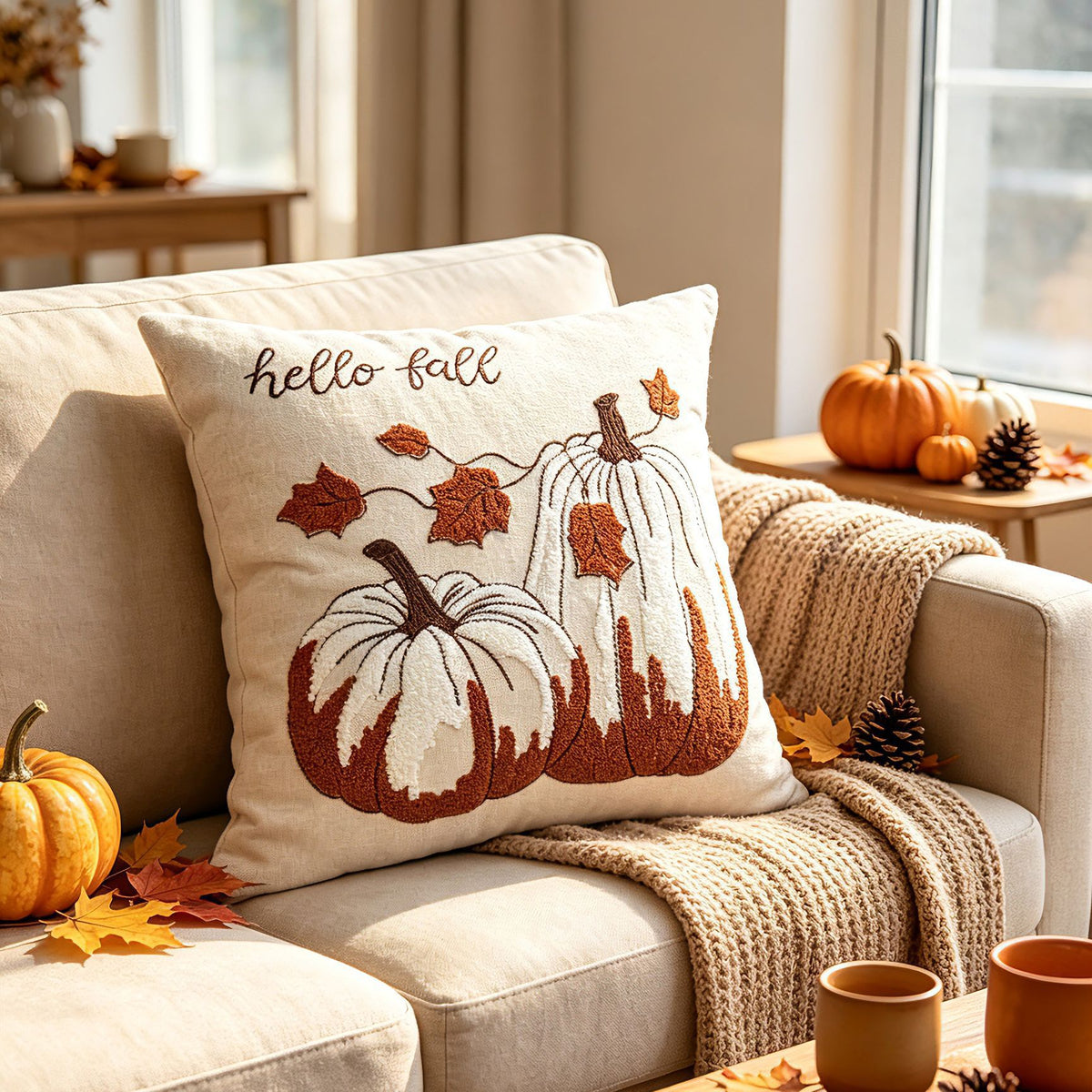 Herbst Kürbis Bestickter Lendenkissenbezug