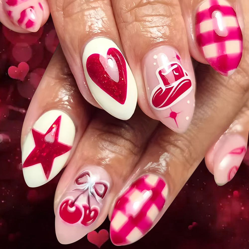 Künstlerisches Press-On-Nagelkunst-Set mit Herz- und Stern-Designs Brehn