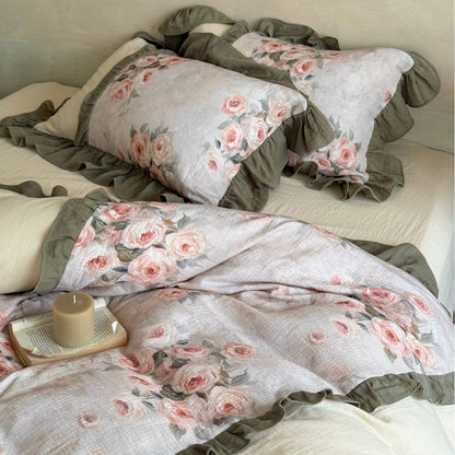 Bettwäsche-Set mit Leinenoptik, Blumenmuster und dekorativem Rüschenbesatz