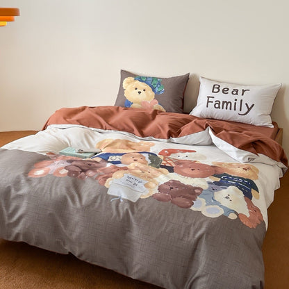 Mehrteiliges Bettbezug- und Kissenbezug-Set aus Baumwoll‑Musselin mit illustrativem Teddybär‑Familienprint