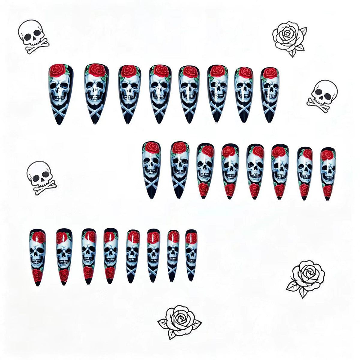 Kunstnägel mit Kreativem Totenkopf- und Rosenmotiv Brehn