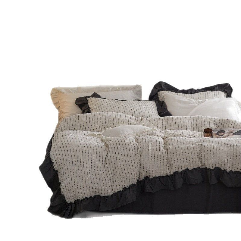 Gestepptes gewaschenes Baumwoll-Rüschendeckenbezug-Set mit Kissenbezügen und Bett-Skirt