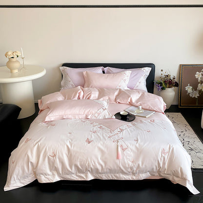 Schmetterlings-gestickter Satin-Feeling Baumwollsatin Bettbezug Set mit dekorativen Kissenbezügen