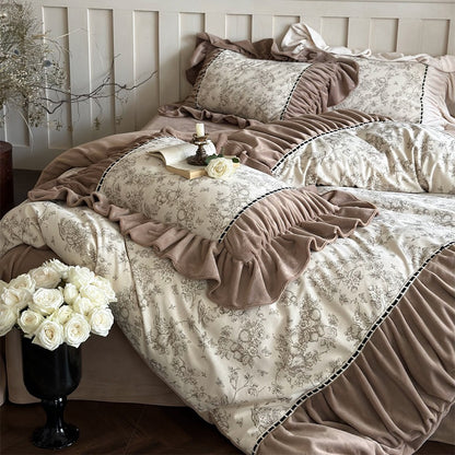 Rüsch Vintage Toile Baumwollsatin Bettbezug Ensemble mit dekorativem Bolster und paspelierten Kissenbezügen
