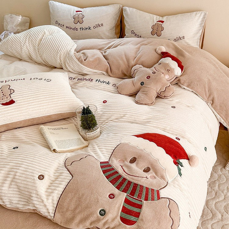 Kuschelige Winter-Bettwäschegarnitur mit gesticktem Lebkuchen-Motiv und samtiger Struktur