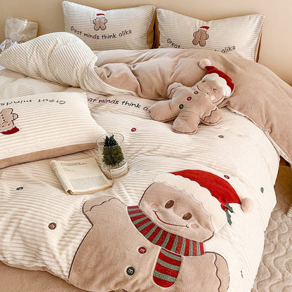 Kuschelige Winter-Bettwäschegarnitur mit gesticktem Lebkuchen-Motiv und samtiger Struktur