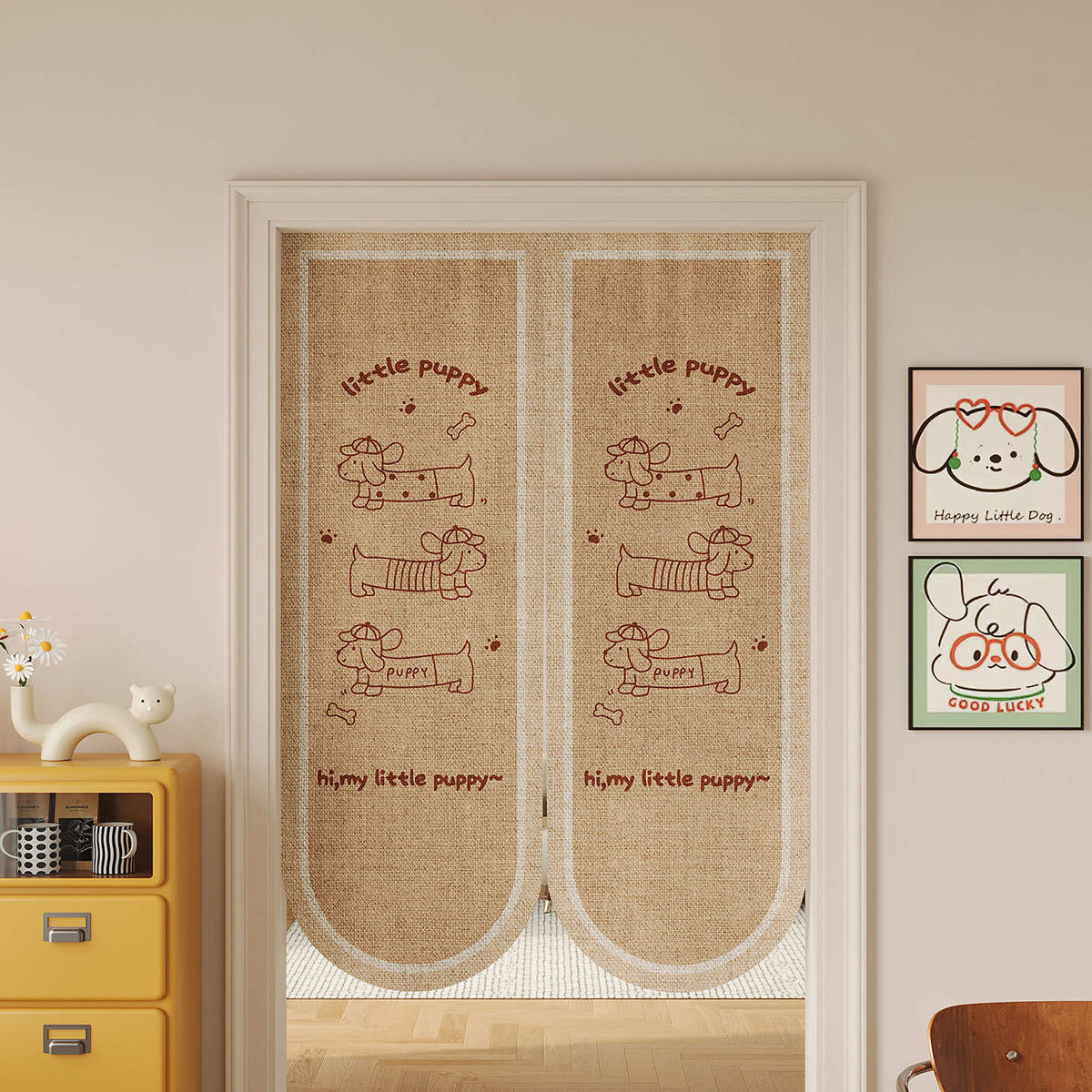 Split Noren Door Curtain Linen-Blend Dachshund Pattern Privacy Panel