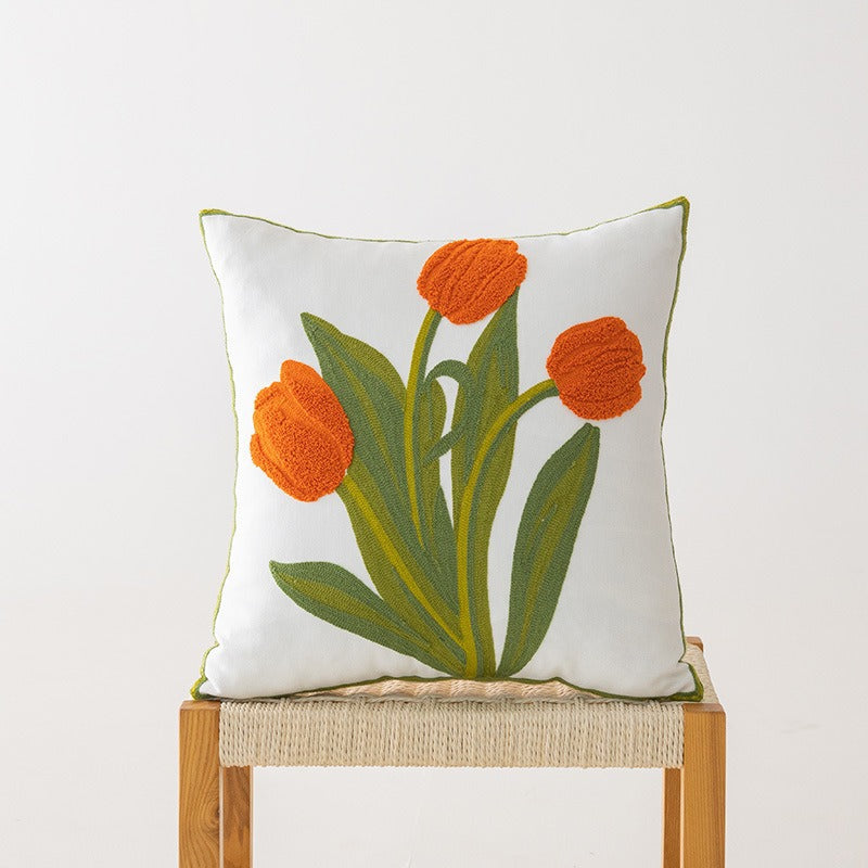 Bestickter Floral Baumwoll-Leinen Quadrat Kissenbezug mit verstecktem Reißverschluss und strukturiertem Appliqué