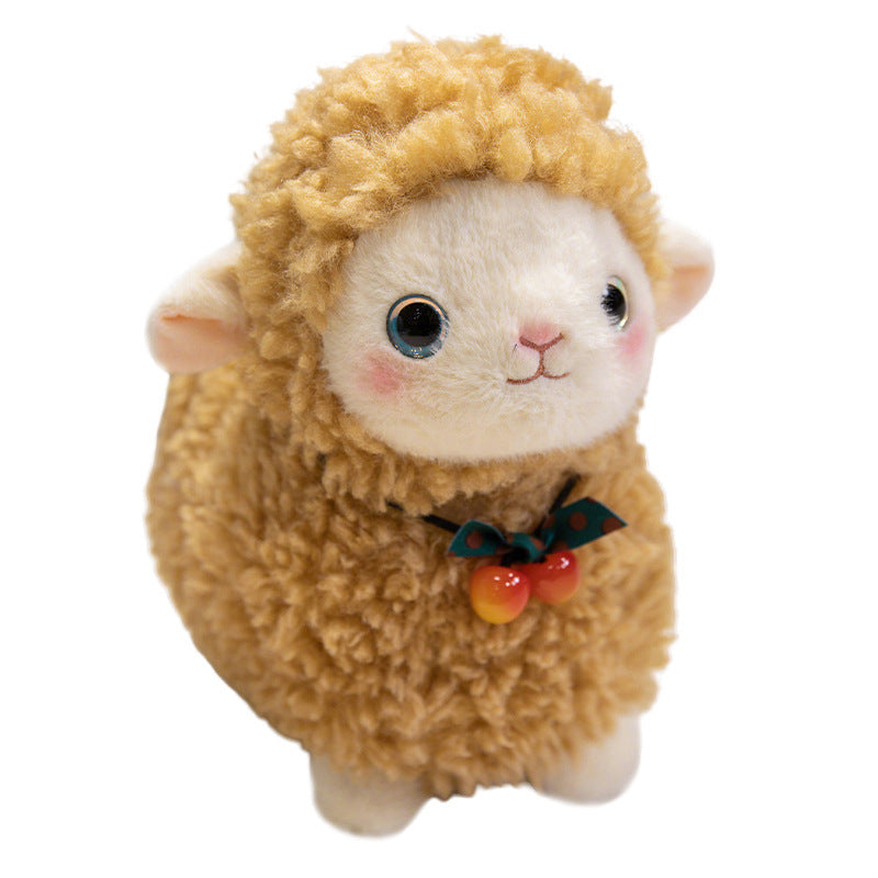 Lockiges Plüsch-Lamm-Kuschelspielzeug mit besticktem Gesicht und dekorativem Schleifenanhänger Brehn