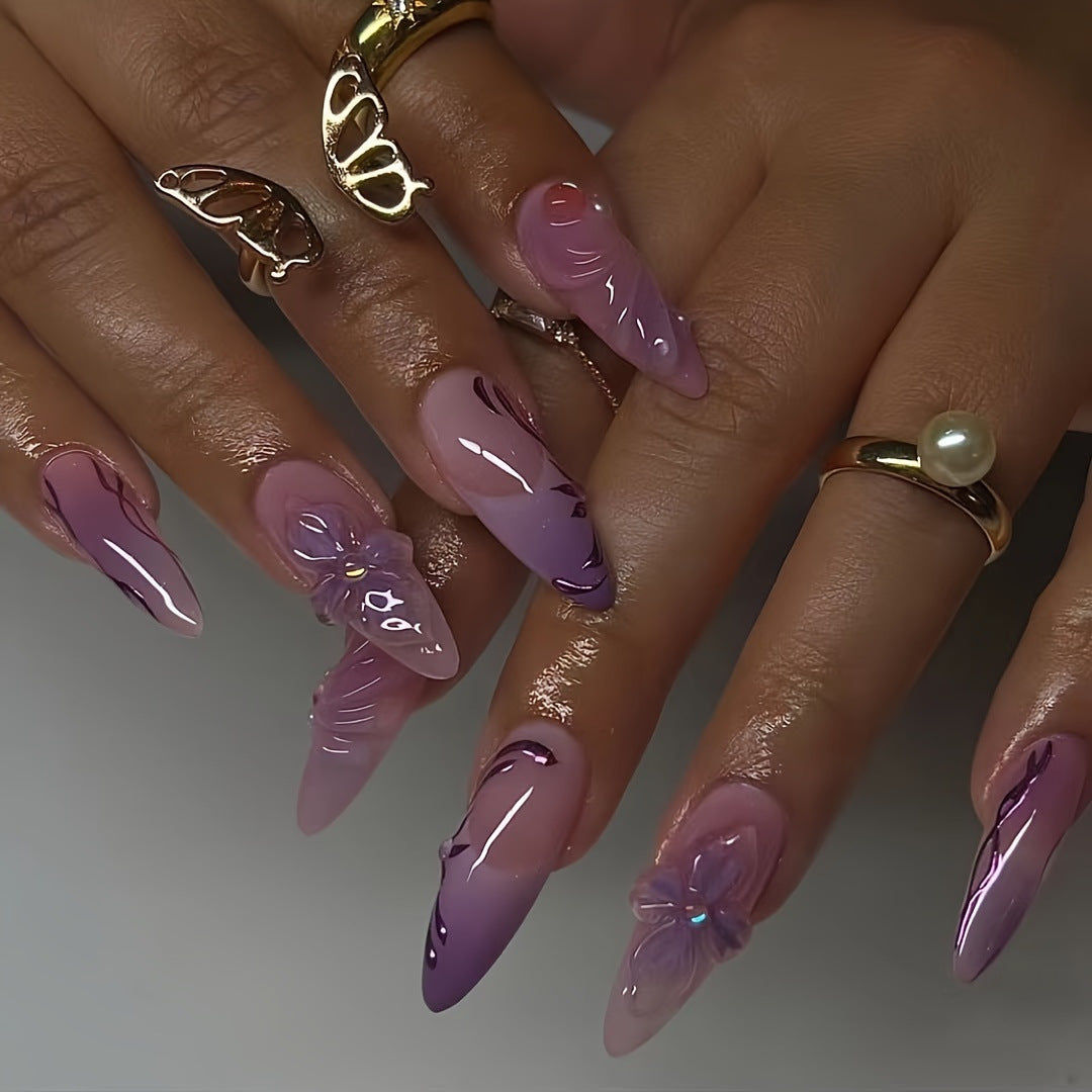 Künstlerische Stiletto Press-On Nagelverlängerungen mit floralem Design Brehn