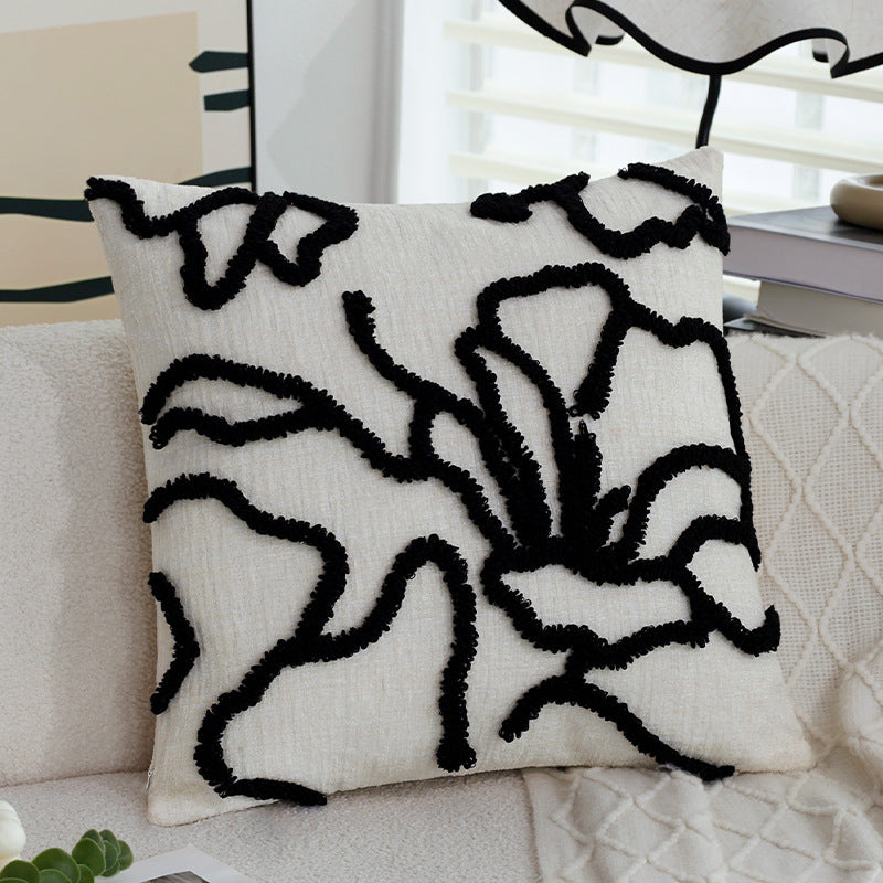 Quadratischer dekorativer Kissenbezug mit erhabenem floralen Chenille‑Tufting und Leinenoptik Brehn