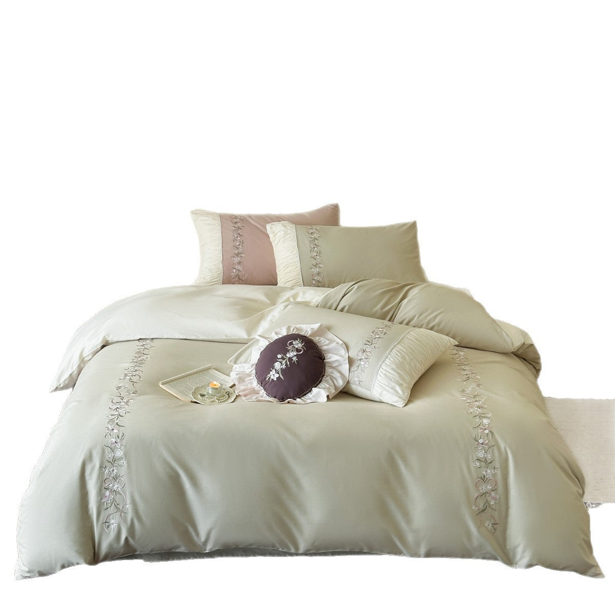 Elegantes Satin-Mischgewebe Besticktes Bettbezug-Set mit Falten-Akzent-Kissenbezügen