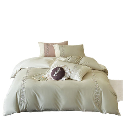 Elegantes Satin-Mischgewebe Besticktes Bettbezug-Set mit Falten-Akzent-Kissenbezügen