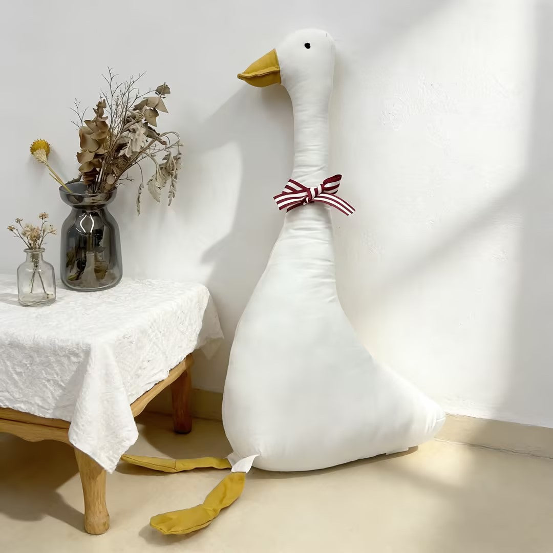 Übergroßes Leinen-Style Gänseplüschkissen mit langem Hals und dekorativer Schleife