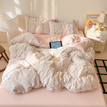 Gestreiftes Vintage Blumen Baumwoll-Percale Bettbezug Set