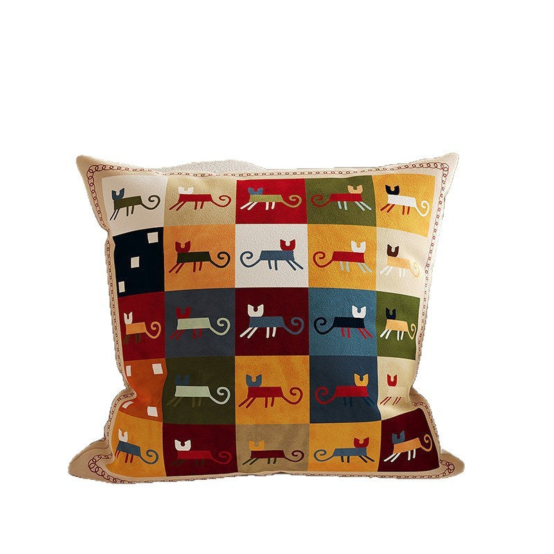 Square Decorative Throw Pillow Cover with Colorful Geometric Cat Motif and Piped Edge