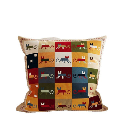 Square Decorative Throw Pillow Cover with Colorful Geometric Cat Motif and Piped Edge