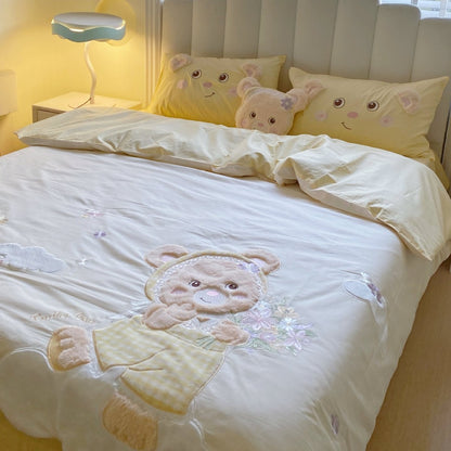 Bestickte Teddy Bettbezug Set mit Plüschapplikation und Karoborte