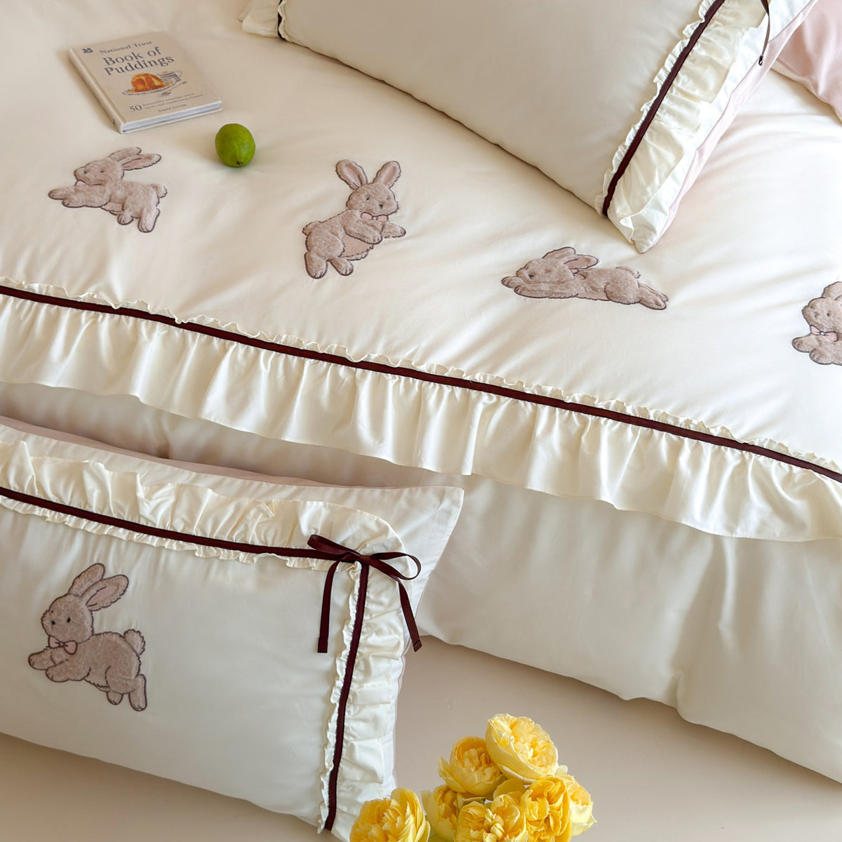 Rüsch-Applikation Hase Baumwolle Bettbezug Set mit Satin-Band Kissenbezüge