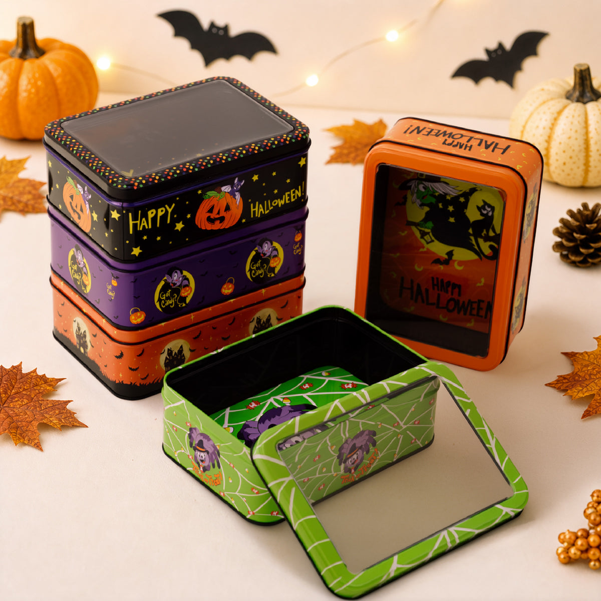 Halloween-Metallbox mit Sichtfenster und Hexenmotiv