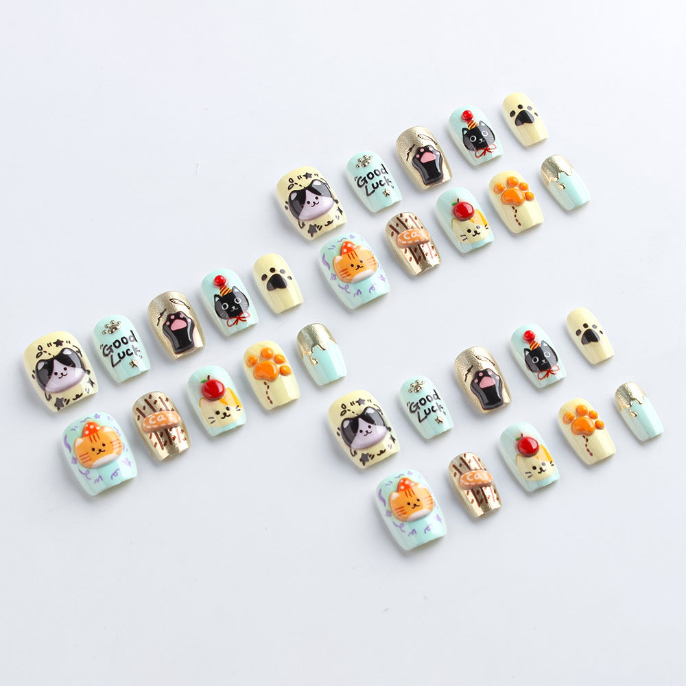 Verspielte katzenmotivierte Press-On Nagelkunst Brehn