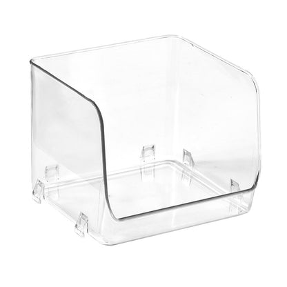 Transparente Aufbewahrungsbox mit Frontöffnung, geriffelter Struktur und integrierten Grifföffnungen